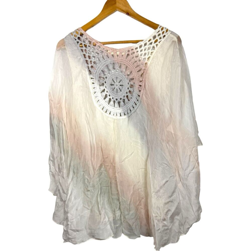 Belle France Italian Silk Flowy Bohemian Crochet Blouse Top Gradient Earthy MED